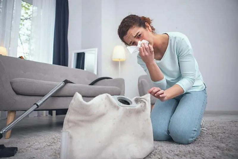 woman sneezing because she is not use the correct dusting techniques to clean dust without spreading it