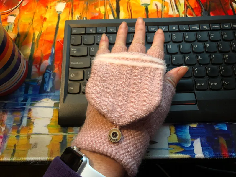 me wearing my USB heated gloves