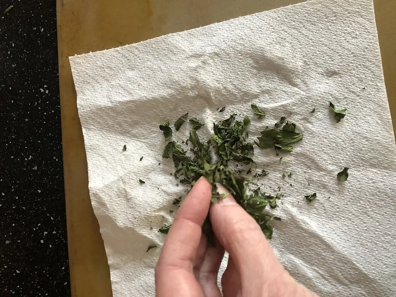 my hand crumbling a mint leaf on the baking sheet