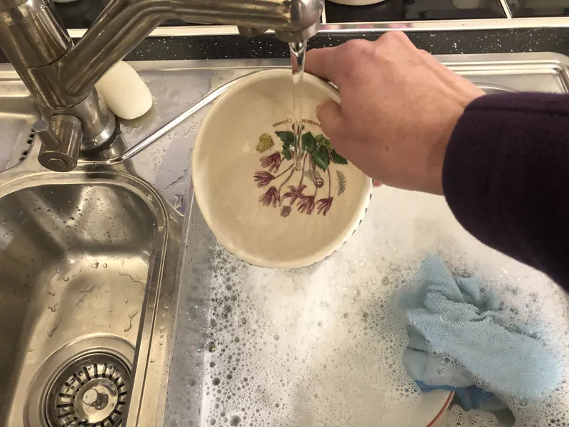 rinsing a plate in cold water