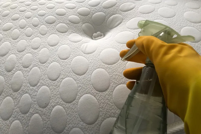 spraying a mattress with homemade dust mite spray
