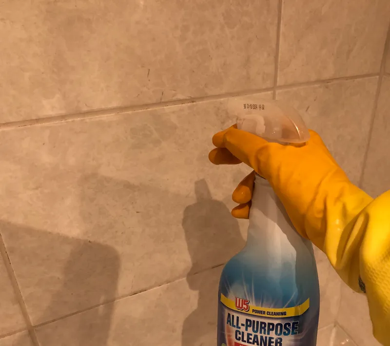 spraying tile grout with bleach