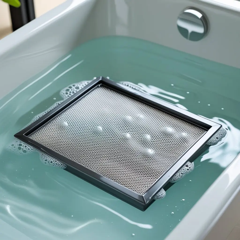extractor hood filter soaking in the bathtub