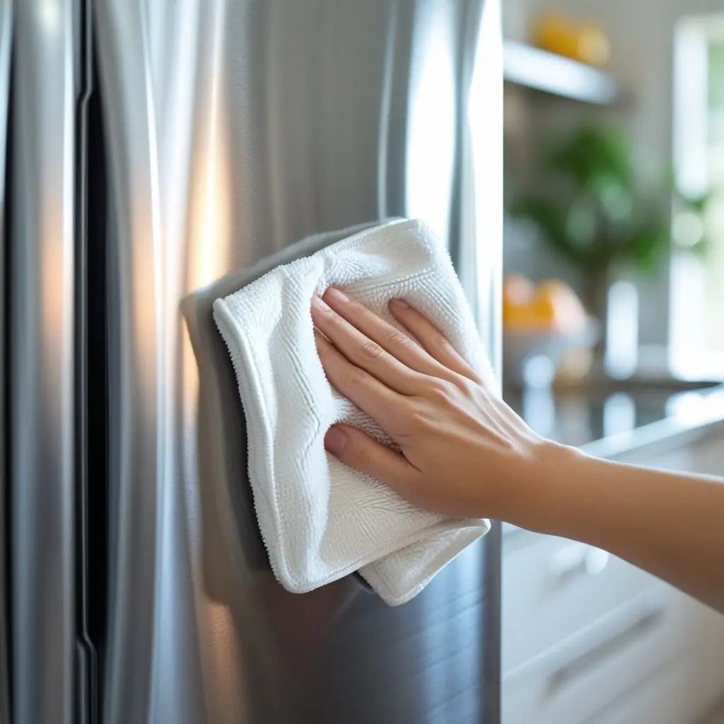 mão limpando uma geladeira com um pano de microfibra