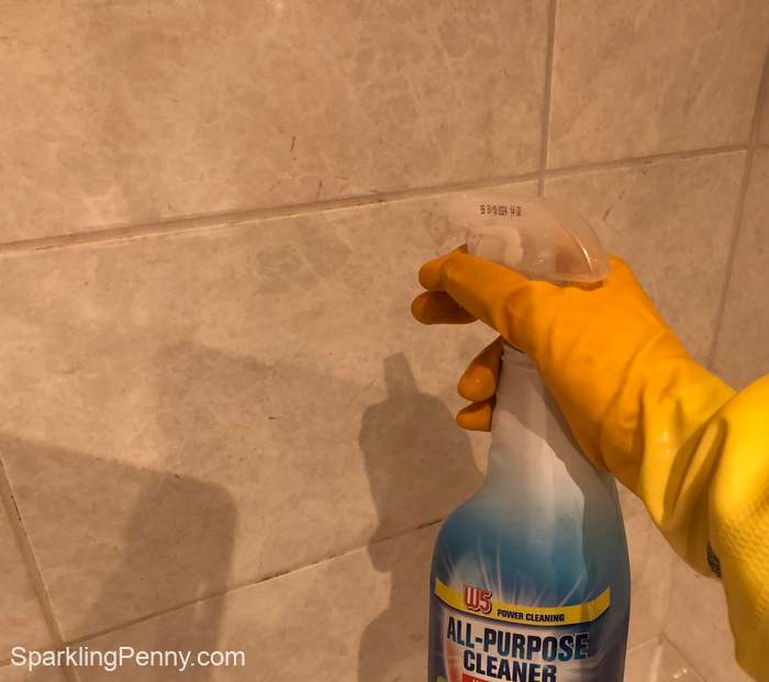 spraying tile grout with bleach