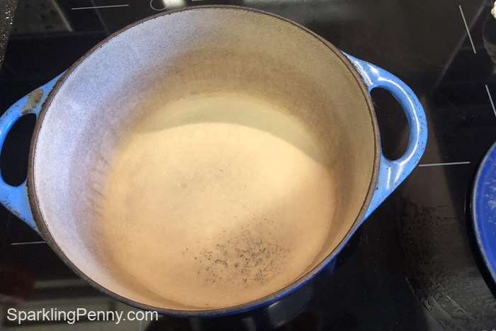 Le Creuset pot after cleaning with baking soda and hydrogen peroxide