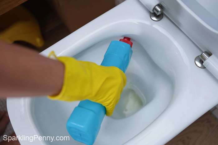 cleaning the toilet bowl with bleach