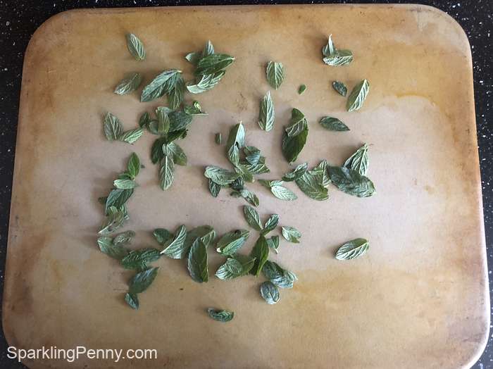mint leaves on a baking sheet