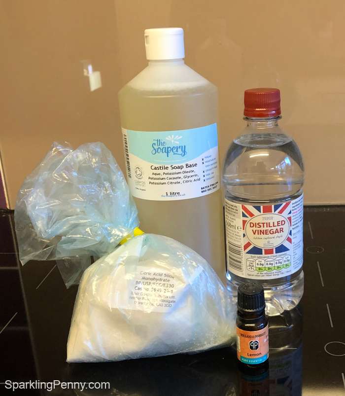 Ingredients for homemade liquid detergent with castile soap